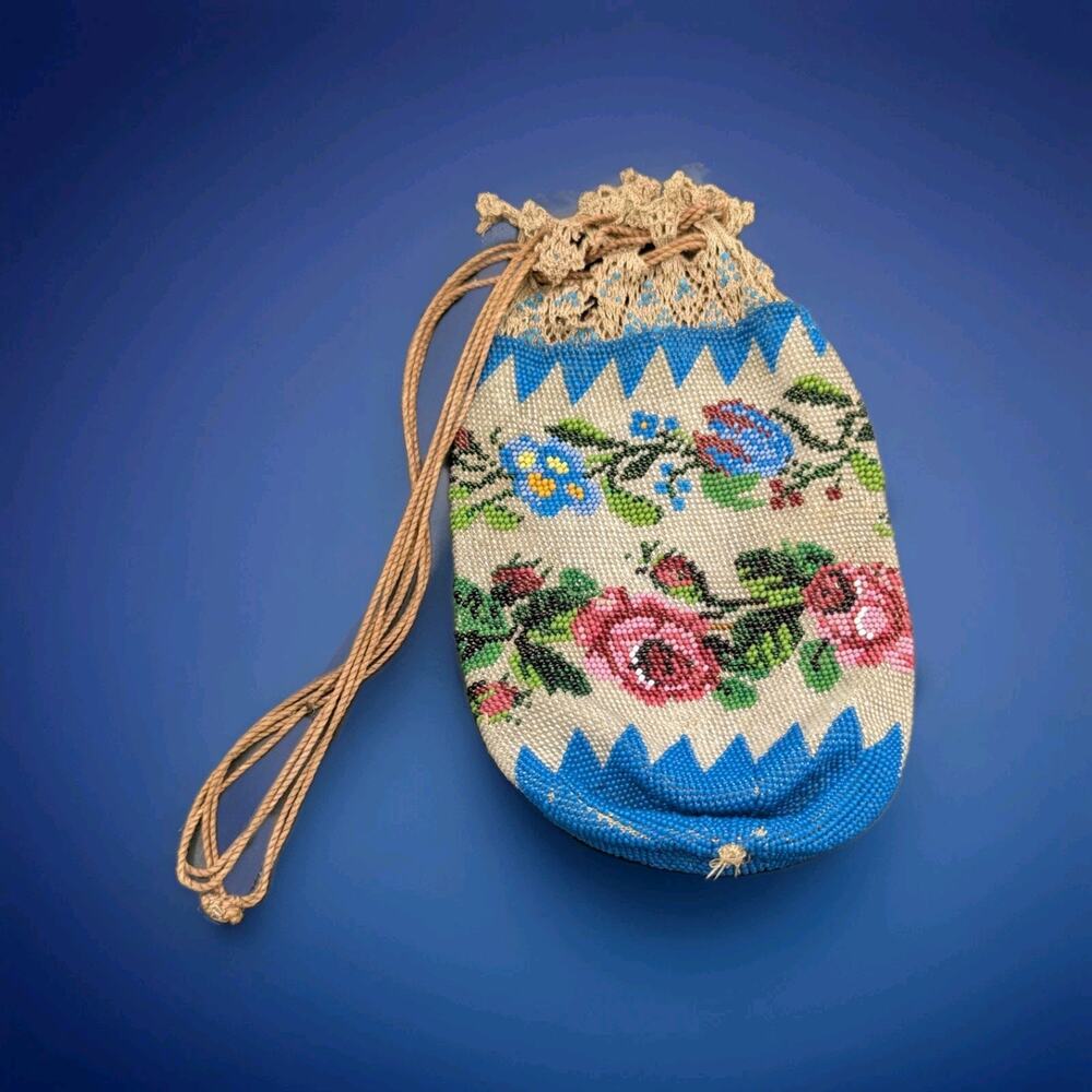Antique Floral Beaded Flapper Blue Pink Draw String Bag READ